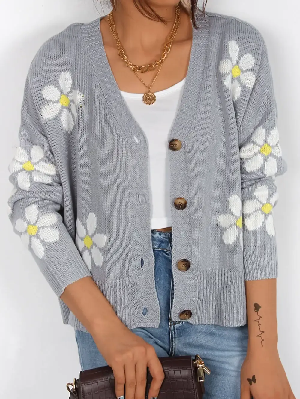 Fall Floral Button Varsity Sweater Jacket