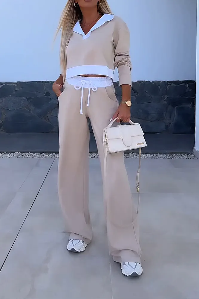 Women's contrasting splicing V-neck and pants two-piece set