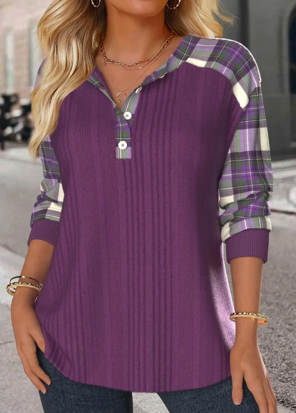 Purple Button Plaid Long Sleeve Split Neck Sweatshirt