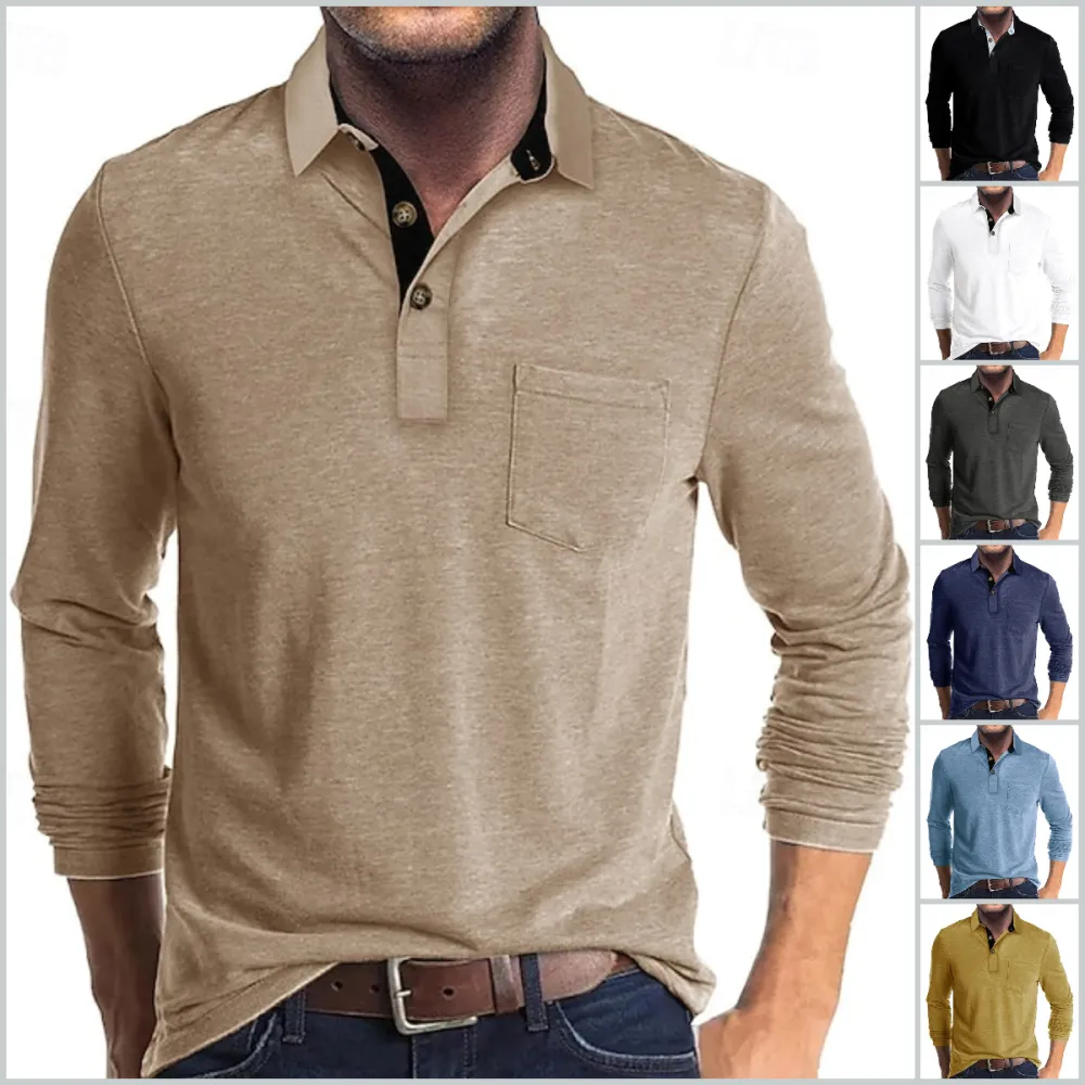 Men's Casual Solid Lapel Button Pocket Golf Polo Shirt