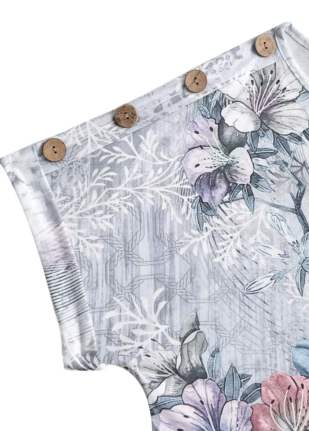 Grey Button Random Floral Print Short Sleeve T Shirt