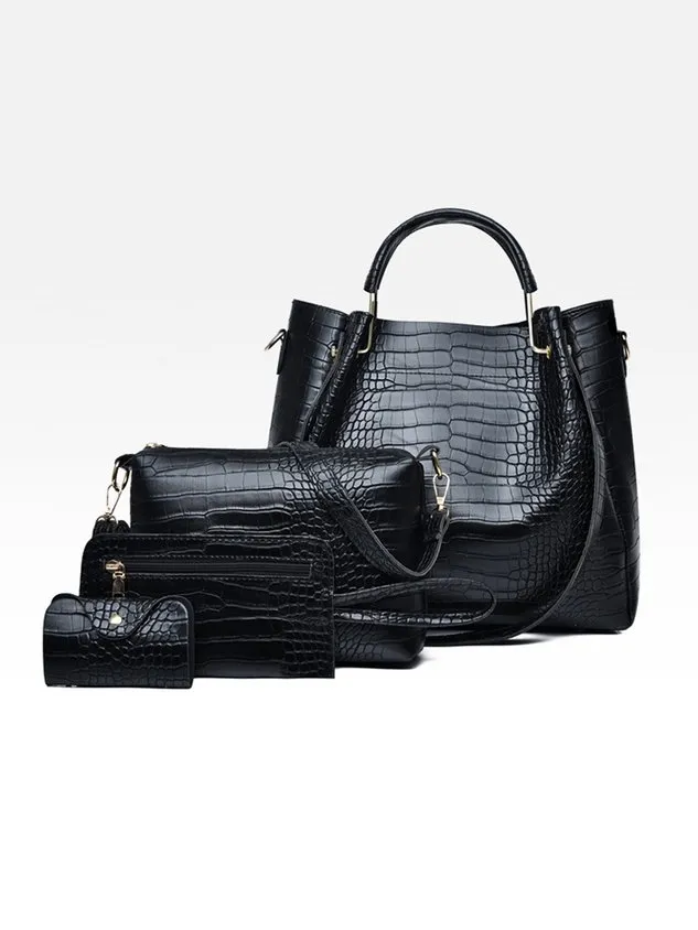 4pcs/set Large Capacity Crocodile Embossed Handbag Commuting Tote Bag with Crossbody Strap