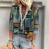 Women's T Shirt Summer Tops Color Gradient Fashion Modern 3/4 Length Sleeve V Neck Regular Tops Daily Print Yellow Pink Blue Summer