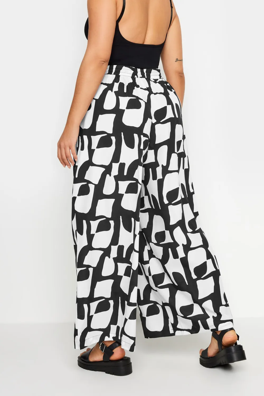 YOURS Curve Blue Abstract Print Drawstring Wide Leg Trousers