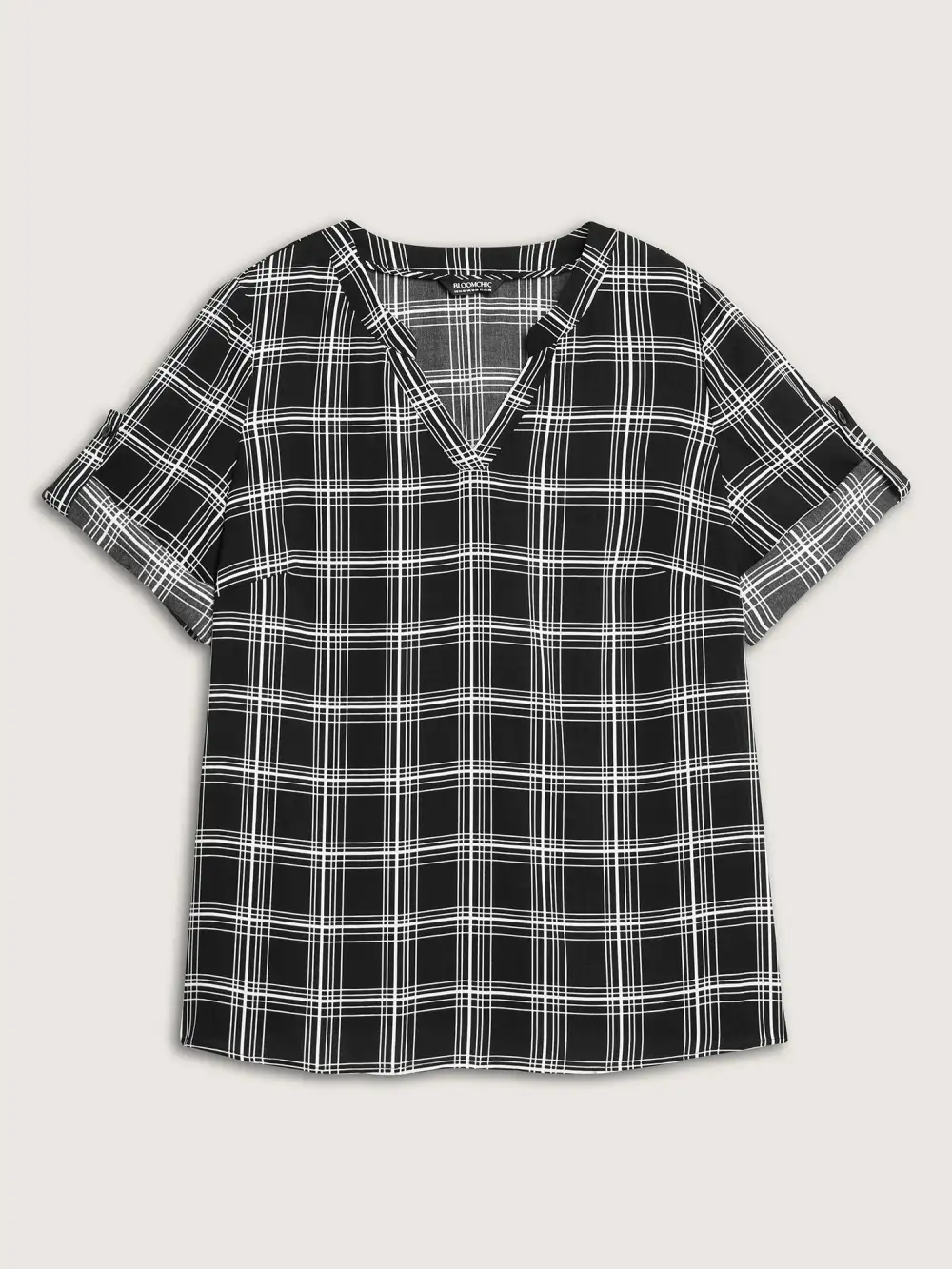 Plaid Print Tab Sleeve Notched Blouse