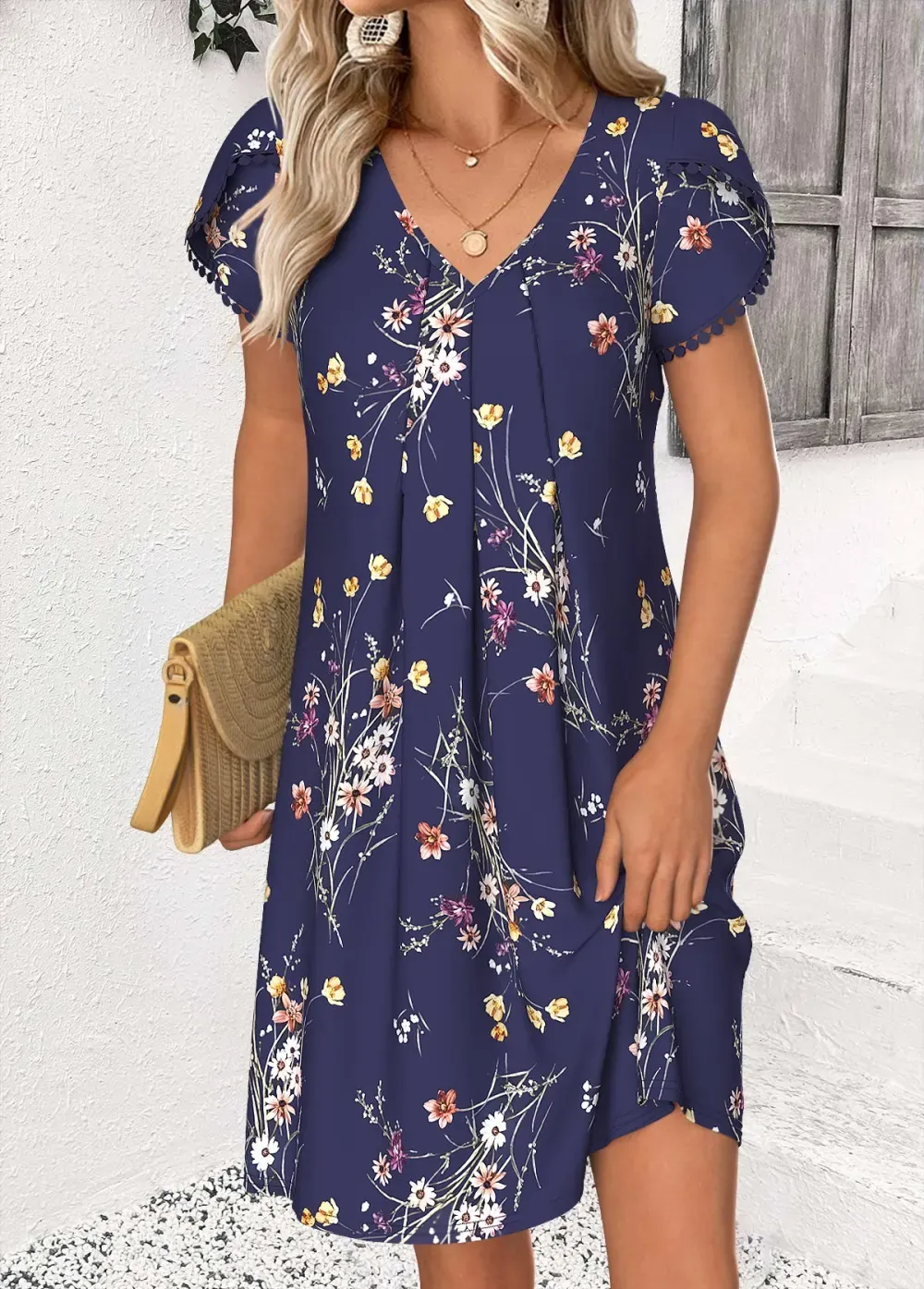 Navy Floral Print Short V Neck Dress