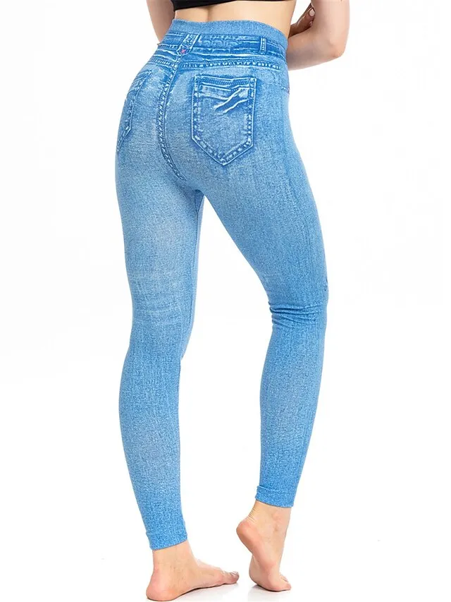 Women's Slim Pants Trousers Leggings Faux Denim Butterfly Pocket Print Full Length High Elasticity High Waist Fashion Streetwear Street Causal Lake Blue Royal Blue S M Summer Fall