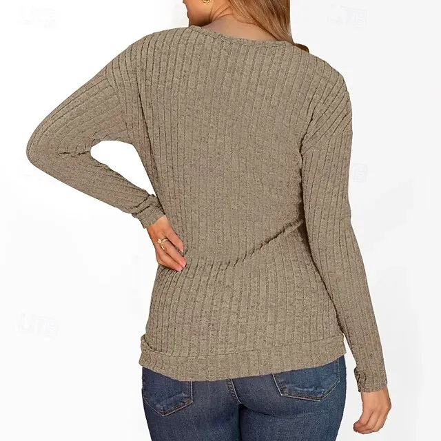 Women's Sweater Pullover Streetwear Casual Solid Color Ribbed Crew Neck Buttons Knitted Long Sleeve Regular Tops Knit Daily Holiday Weekend Black Army Green Fall Winter