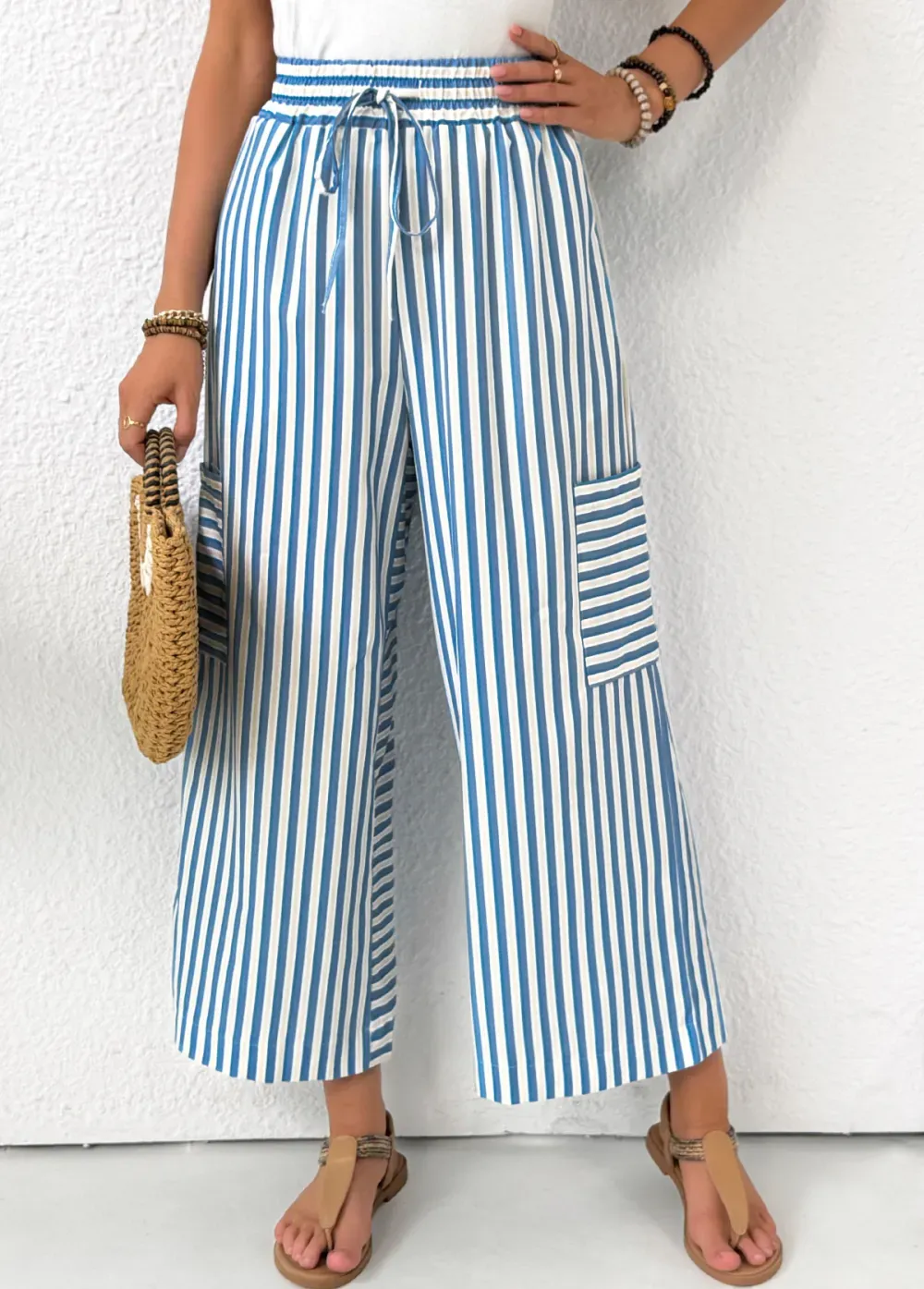 Light Blue Pocket Striped Wide Leg Elastic Waist Pants