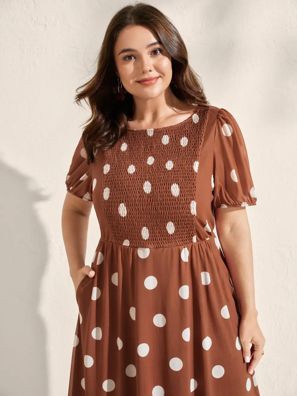 Polka Dots Shirred Bust Ease Midi Dress