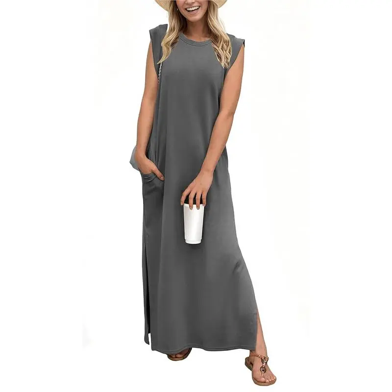 Women's Wrinkle-Free Maxi Vacation Dress – Loose Fit, Split Hem, with Pockets, XS-5XL (Black, Summer Ready)