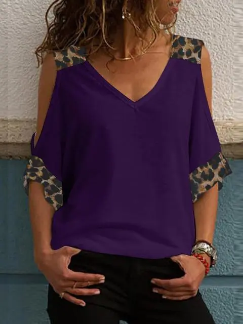 Leopard Print V-neck Cold Shoulder Tops