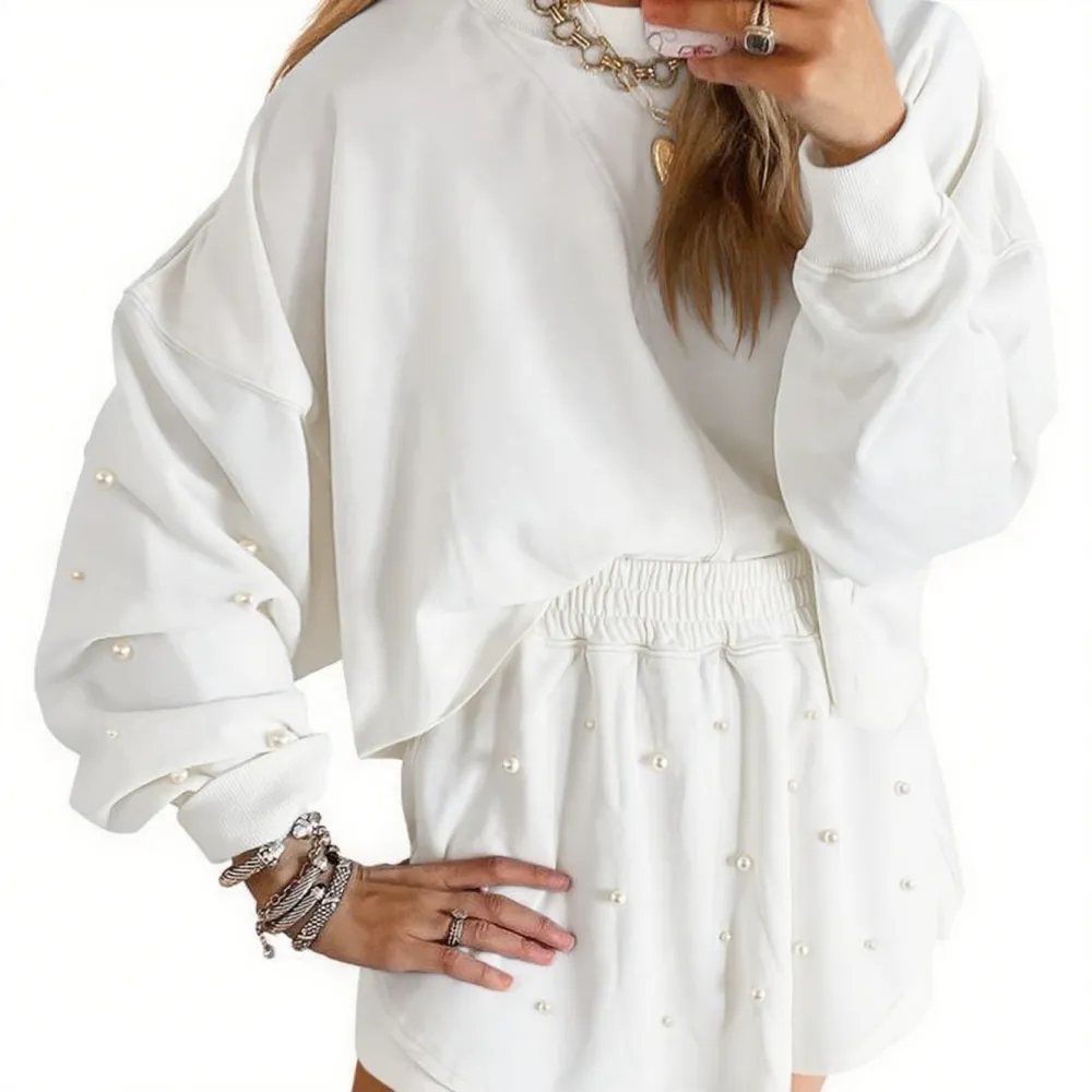 Women's Pearl-Decor Long Sleeve Sweatshirt & Loose Mini Skort 2-Piece Casual Fall Set.