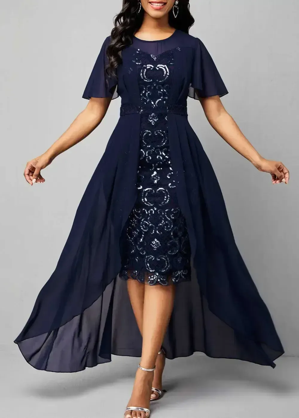 Chiffon Sequin Embroidered Round Neck Dress