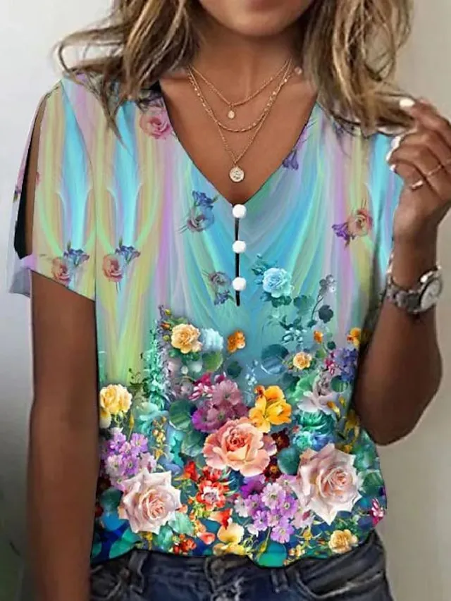 Women's T shirt Tee Floral Button Cut Out Print Holiday Weekend Basic Neon & Bright Short Sleeve V Neck Red
