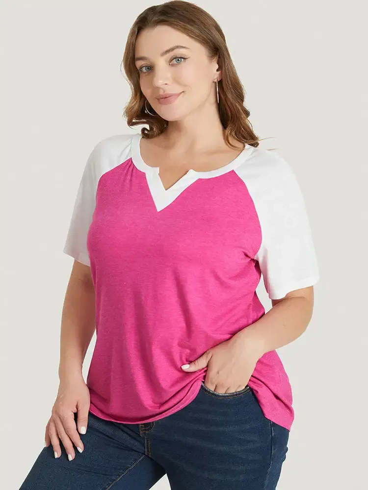 Colorblock Contrast Notched Raglan Sleeve T-shirt