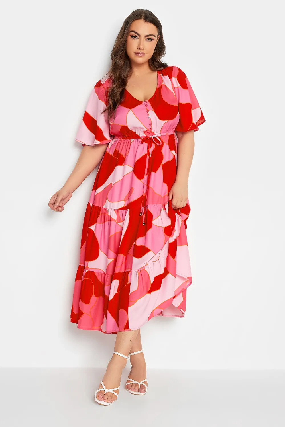 YOURS Curve Pink Abstract Print Tiered Dress