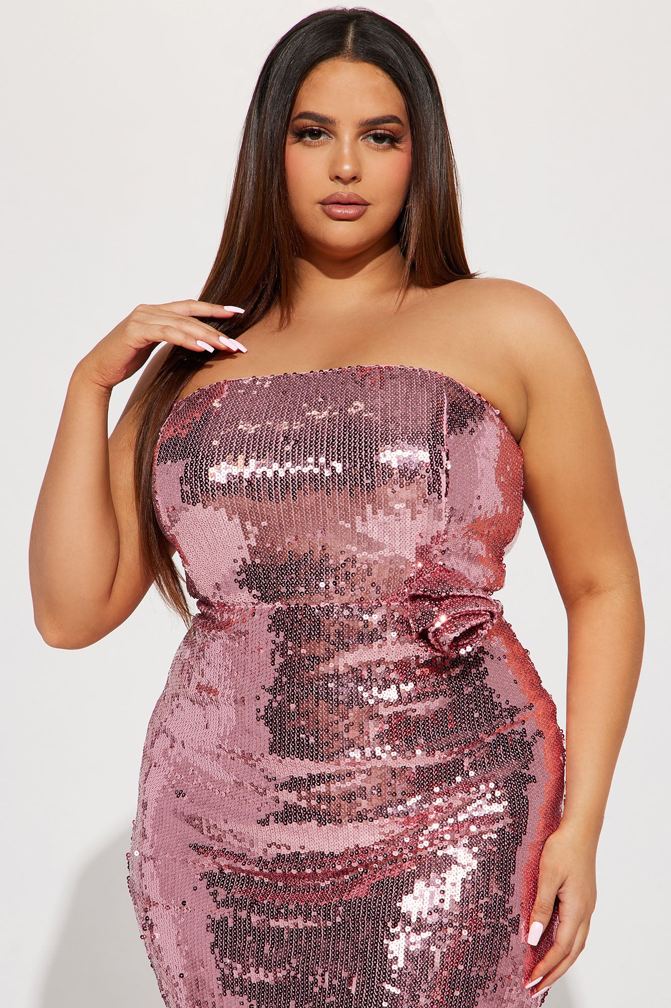 Rosette Sequin Midi Dress - Mauve