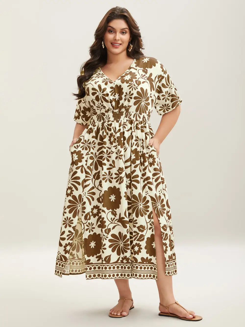 Large Floral Print Pockets Midi Dress