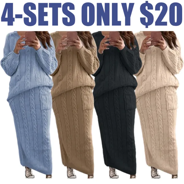 Women's Cable Knit Sweater & Pocket Skirt Set – Casual Long Sleeve Round Neck Jumper & Long Skirt for Fall