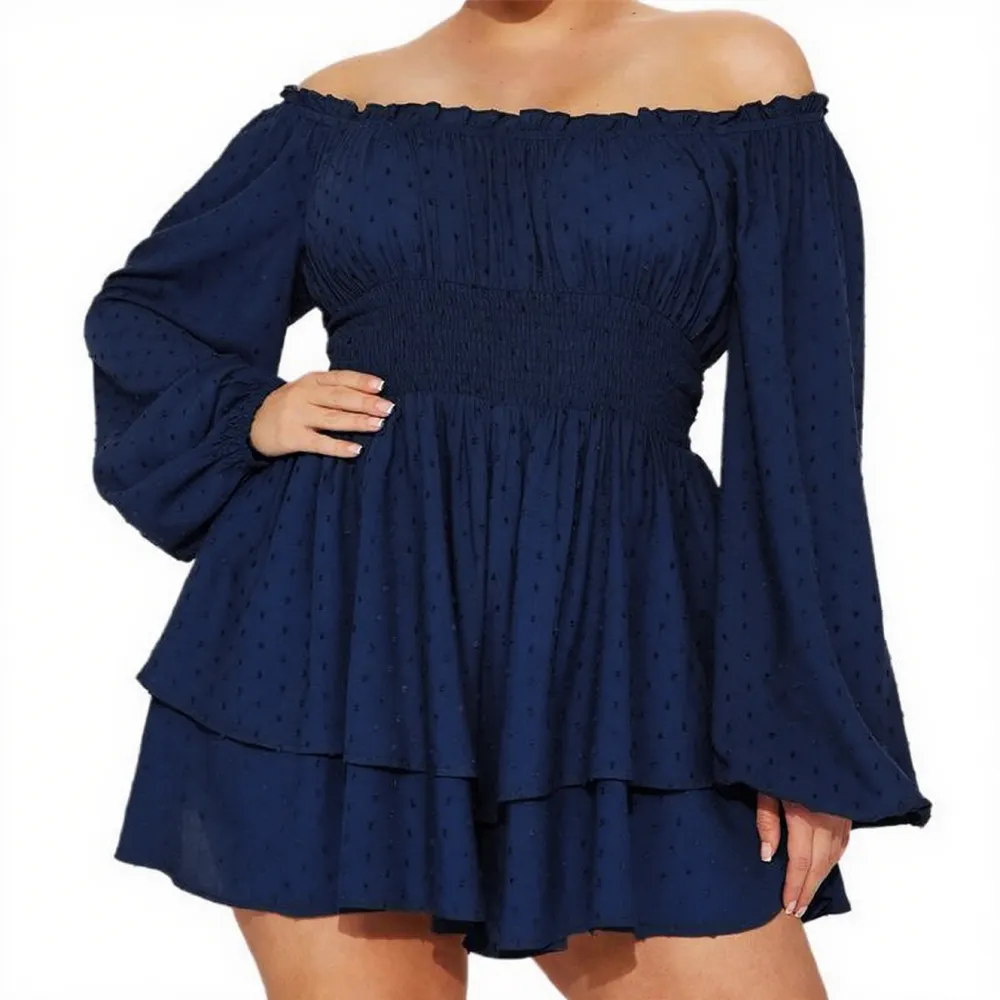 Women Plus Size Rompers Playsuits, Swiss Dot Boat Neck Off Shoulder Long Sleeve, Spring Fall Short Jumpsuits Streetwear