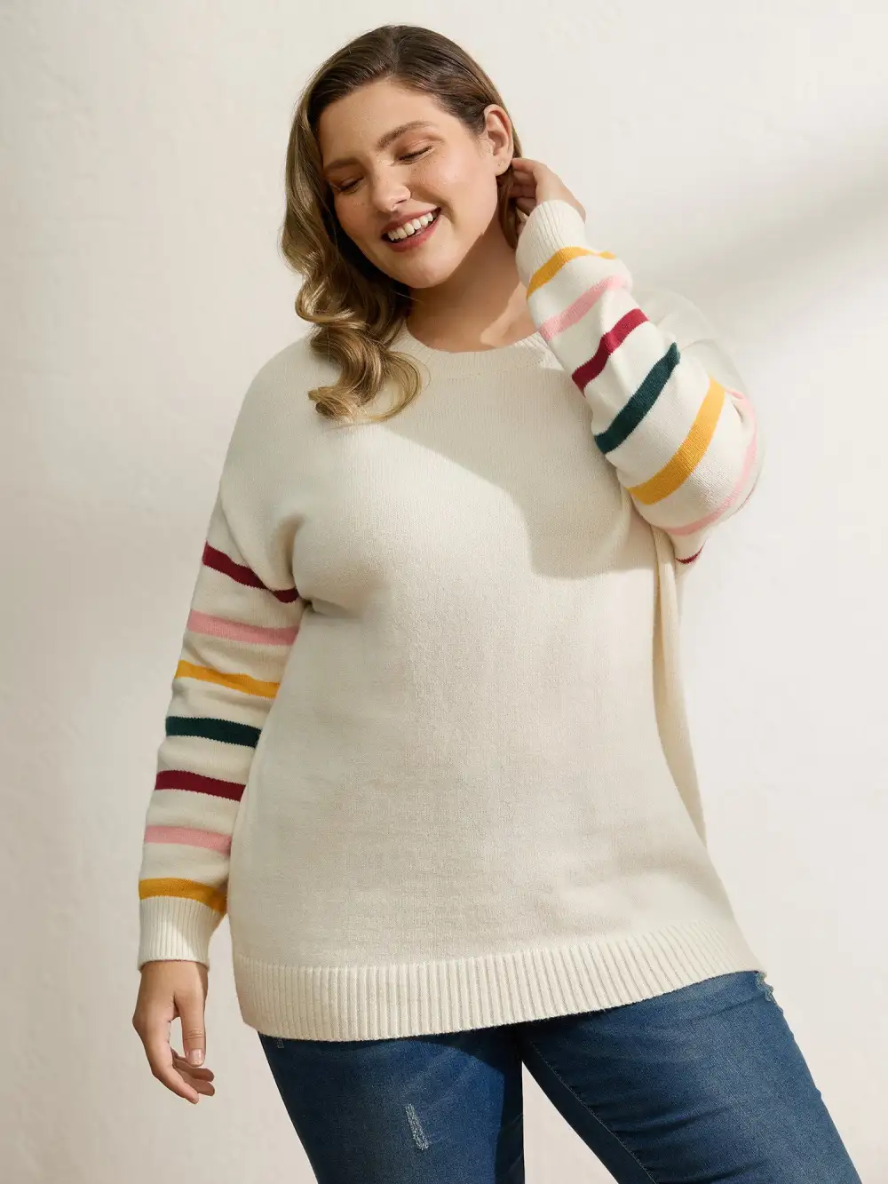 Rainbow Stripe Sleeve Contrast Pullover