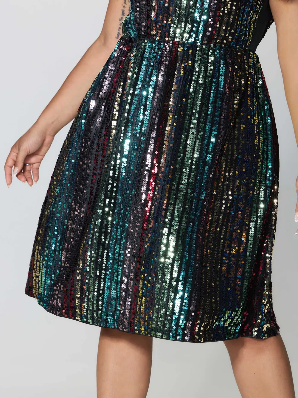 Shimmery Sequin Stripe Cinched-Waist Midi Dress