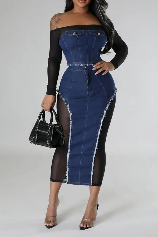 Patchwork Sheer Off-Shoulder Denim Dress Set