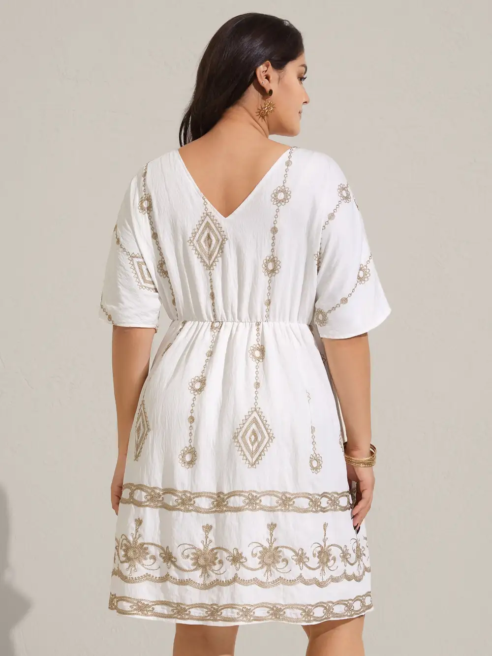 Boho Embroidered Waist Tie Midi Dress
