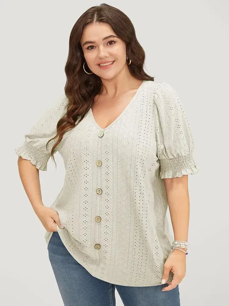 Plain Broderie Anglaise Shirred Puff Sleeve Button Detail T-shirt