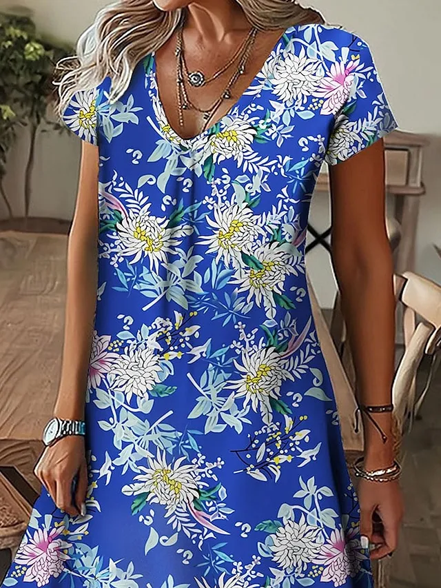 Women's Floral Leaf Print V Neck Midi Dress Daily Vacation Short Sleeve Summer Spring
