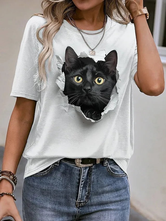 Women's T shirt Tee 3D cat Animal Print Daily Weekend Fashion Short Sleeve Round Neck White Summer