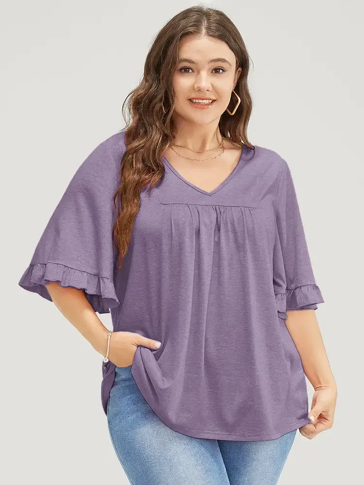 Solid Gathered Ruffle Trim Flounce Sleeve T-shirt