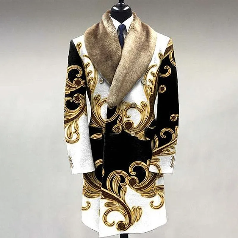 Men’'s Casual Fur Lapel Collar Graphic Pattern Long Sleeve Coat