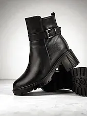Women's Black Leather Ankle Boots - Warm Fur Lined Mid Heel Winter Booties with Side Zipper and Buckle for Cold Weather, Work & Outdoor Wear