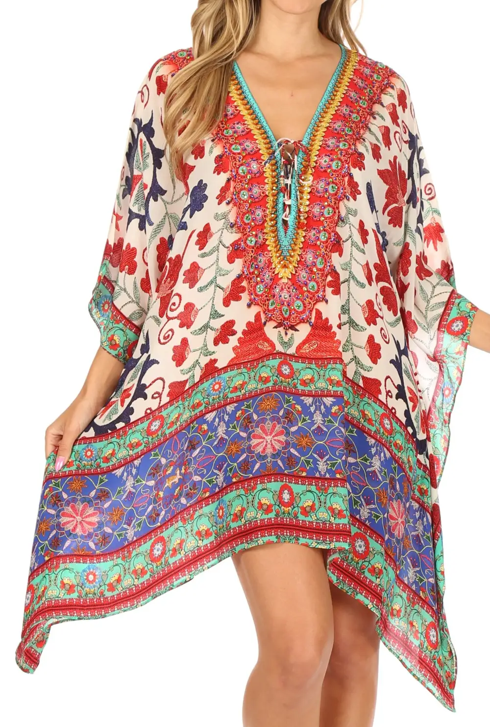 Women's Caftan Poncho Cover up V neck Top Lace up With Rhinestone