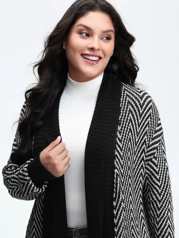 Geometric Pattern Pockets Open-Front Knit Cardigan