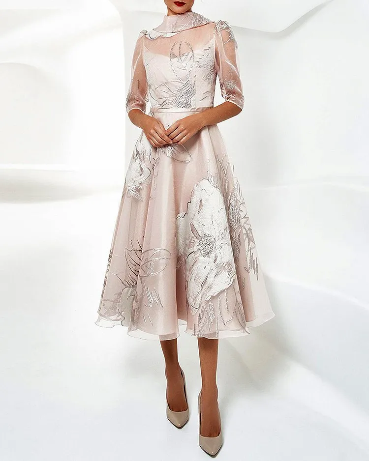 ELEGANT LACE MESH BROCADE MIDI DRESS