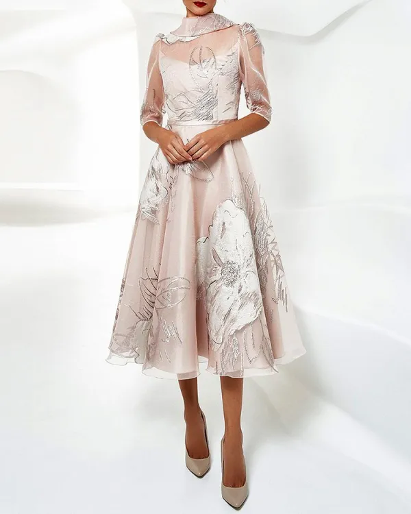 ELEGANT LACE MESH BROCADE MIDI DRESS