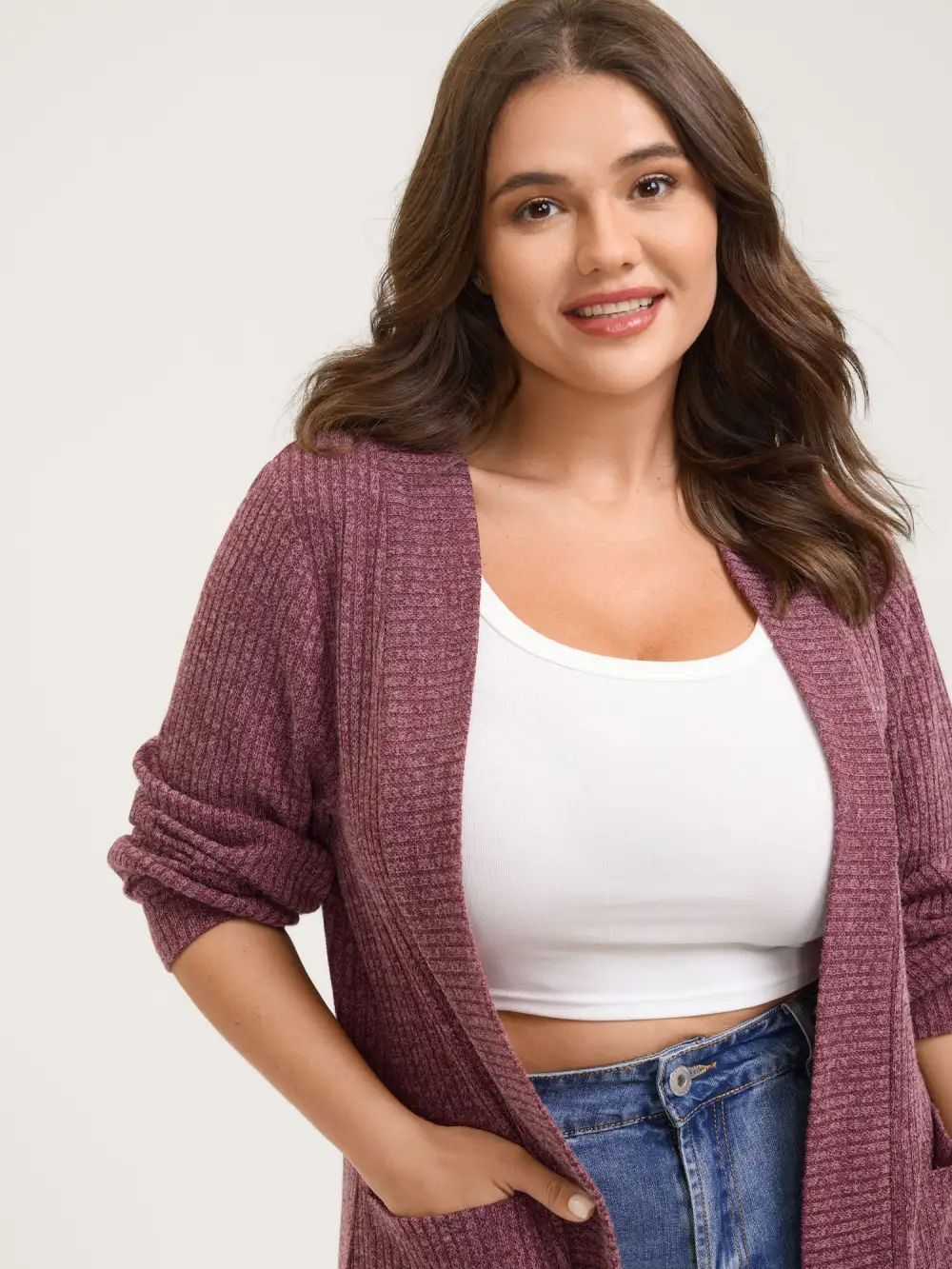 Heather Stretchy Textured Pockets Cardigan