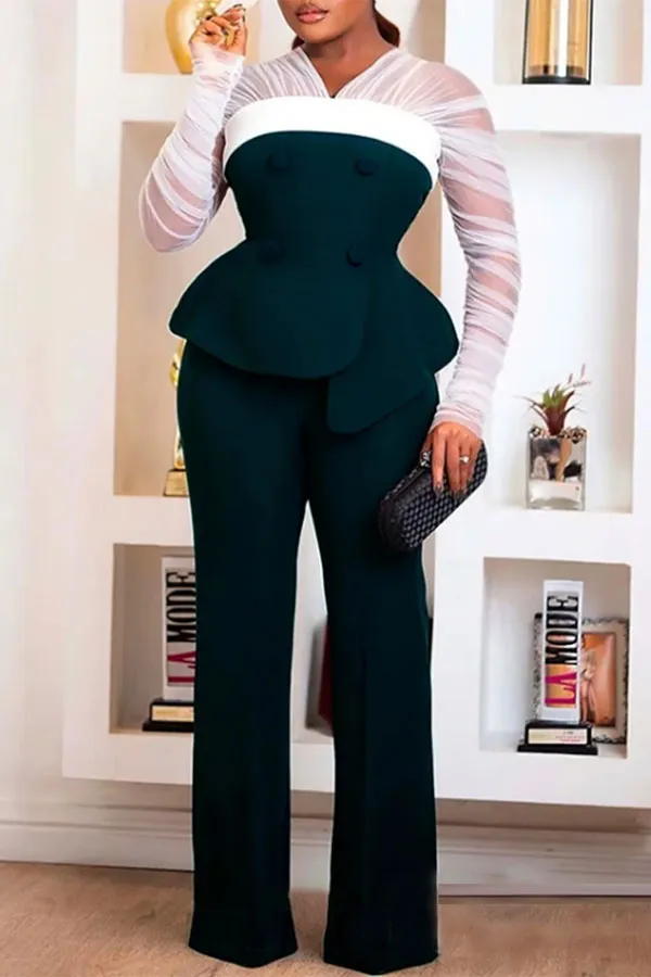 Colorblock Sheer Mesh Patchwork Peplum Pant Set