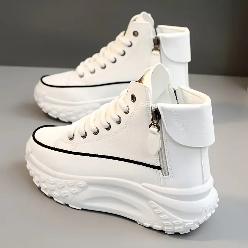 Womens Fashionable Platform Sneakers - Dual Lace Up & Zipper Closure - Refined High Top Skate Style - Padded Comfort for All-Day Wear - Instant Height Boost - Ideal for Sports & Casual Chic