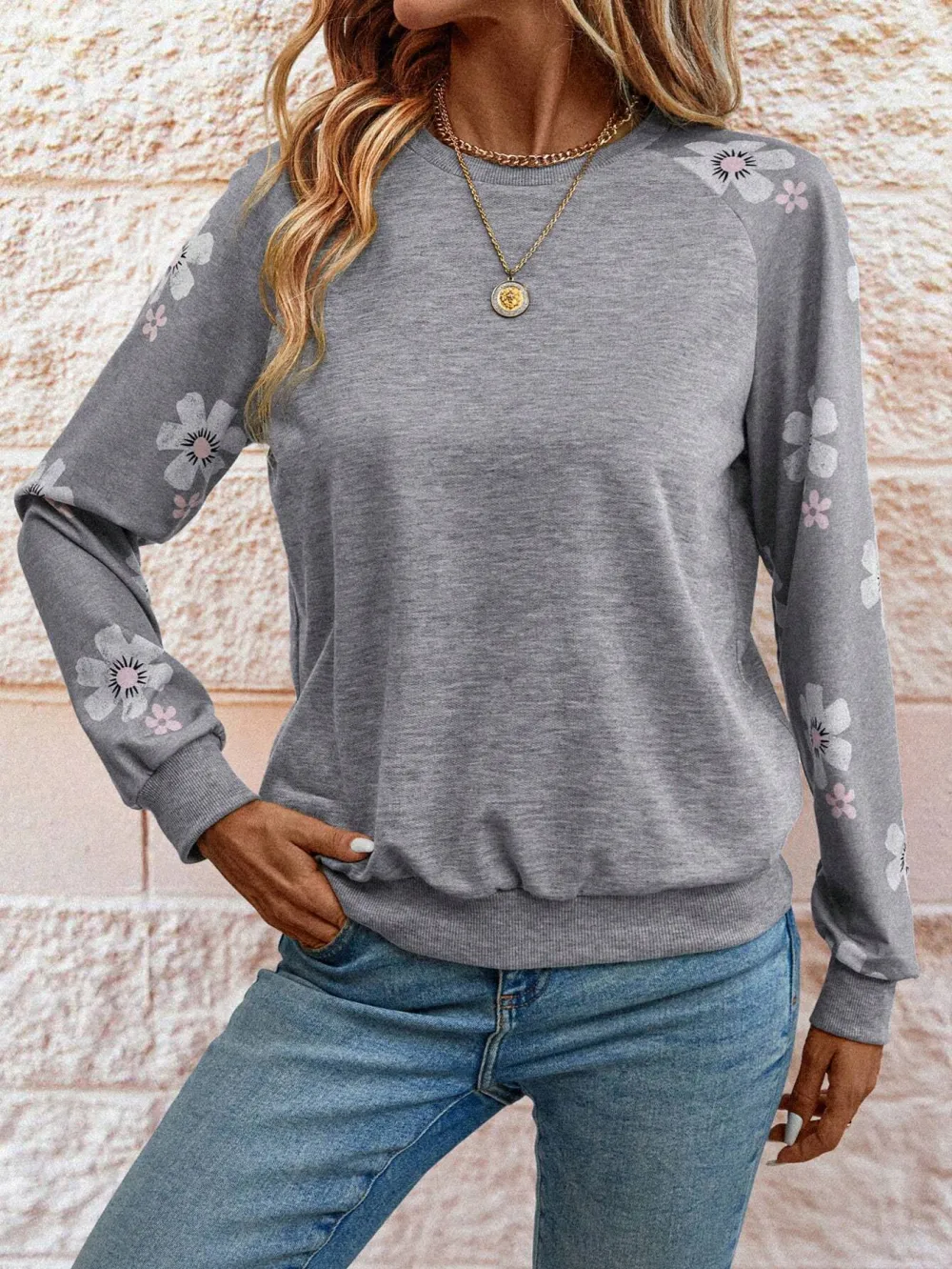 Women's Grey Floral Print Raglan Sleeve Sweatshirt