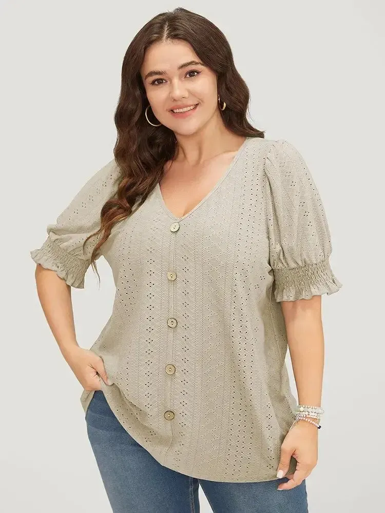Plain Broderie Anglaise Shirred Puff Sleeve Button Detail T-shirt