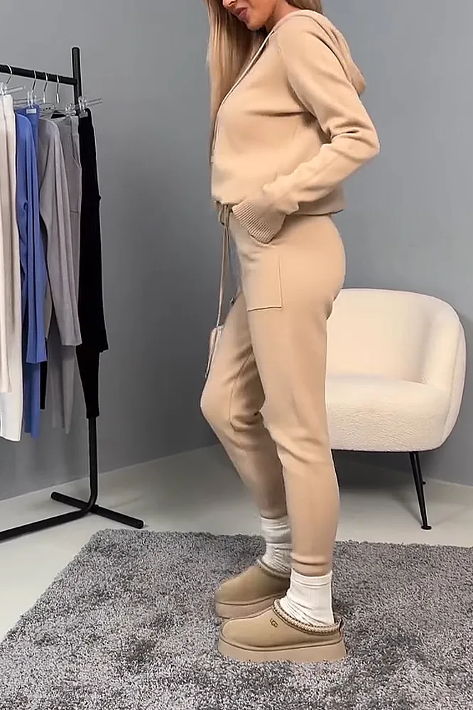 Women's solid color knitted top and pants two-piece set