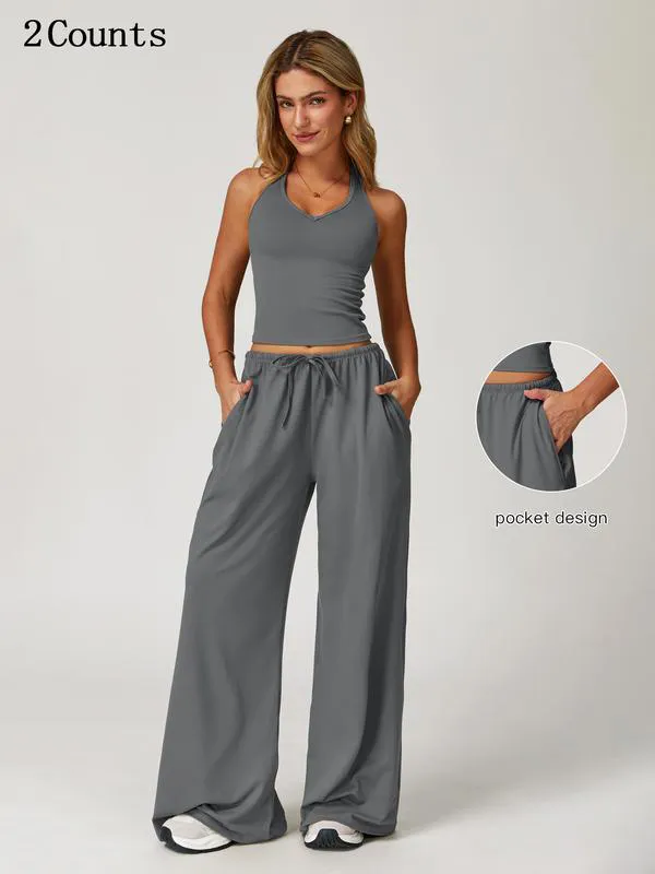 Women's Solid Crop Tank Top & Wide Leg Pants Set, Casual V Neck Sleeveless Top & Trousers