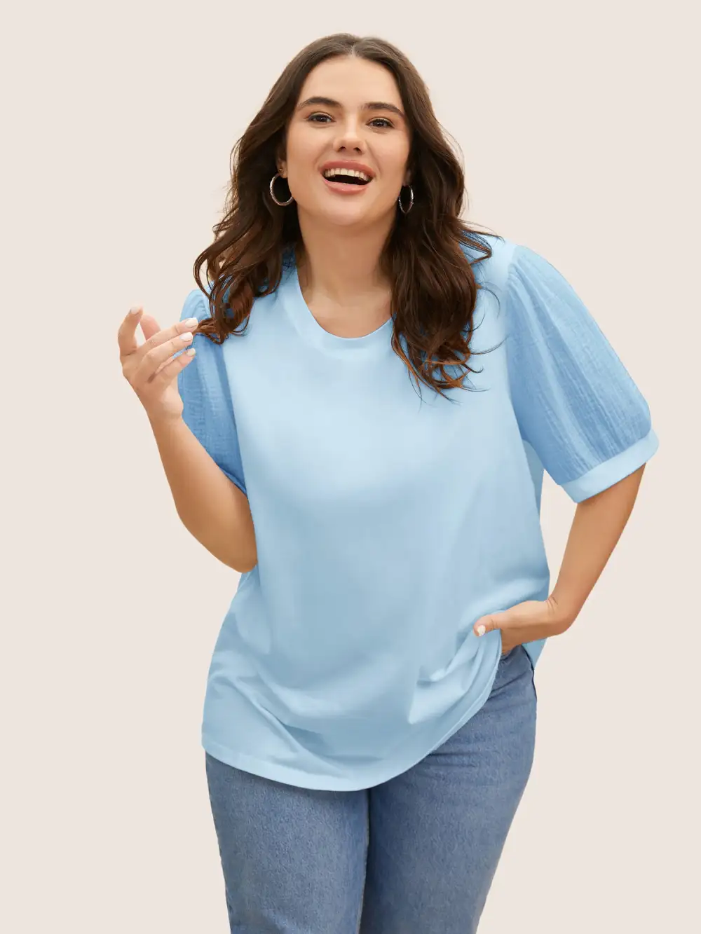 Plain Textured Patchwork Lantern Sleeve T-Shirt