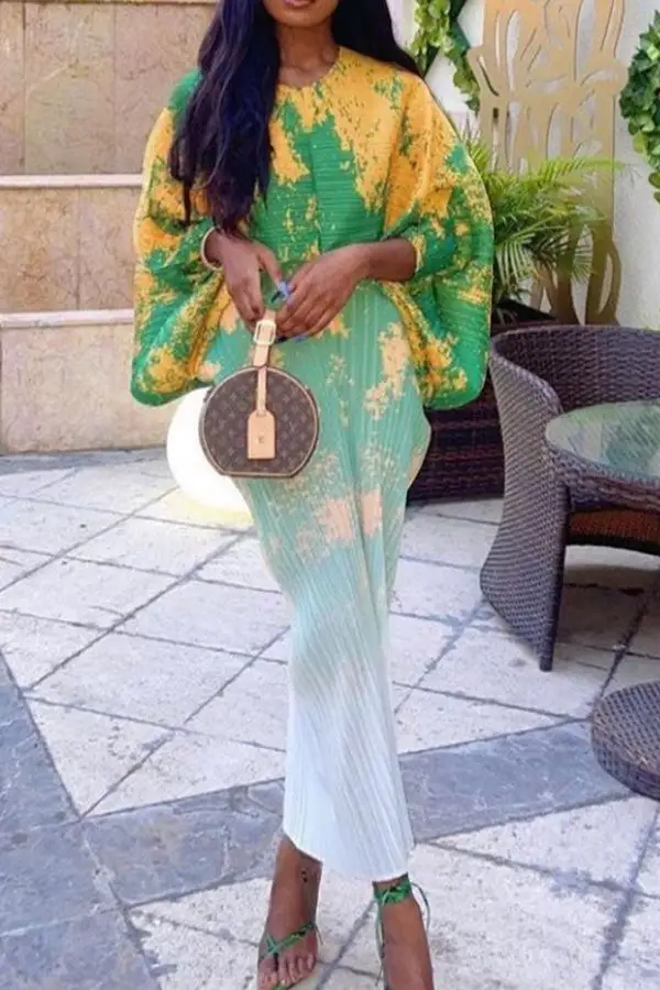 Abstract Print Stylish Batwing Sleeve Midi Dress