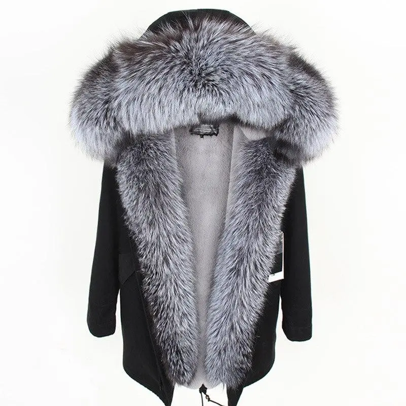 Women's Parka Natural Fox Fur Long Coat Artificial Fur Lining Fur