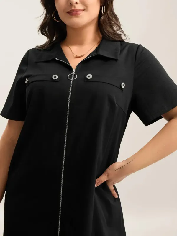 Zipper Front Chest Flaps Shirt Dress